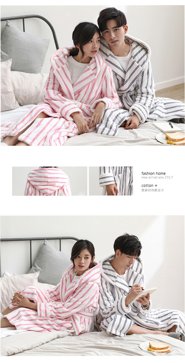 [Fold] mùa đông vài bộ đồ ngủ nhung san hô sọc thời trang nữ ấm áp áo ngủ Hàn Quốc áo choàng len dịch vụ nhà pijama đôi