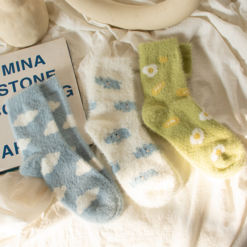 Soft and Smooth Mohair Furry Home Floor Warm Socks for Autumn and Winter, Girly Style, Cute Cartoon Anime Sleep Socks