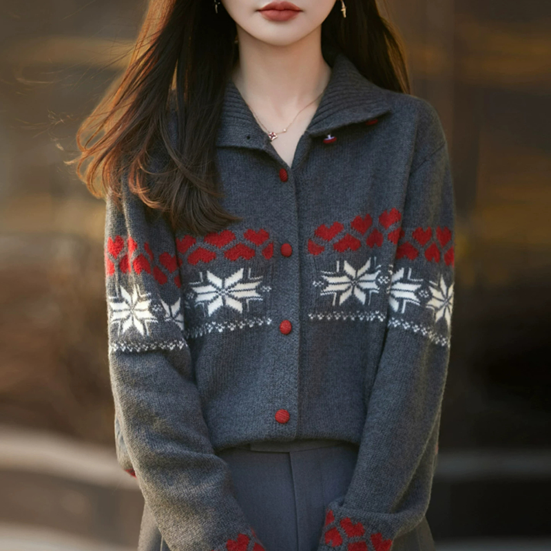 Fair Isle High-Neck Snowflake Jacquard Knit Cardigan for Women 2026 Spring and Autumn New Stylish Loose-Fitting Base Sweater Coat