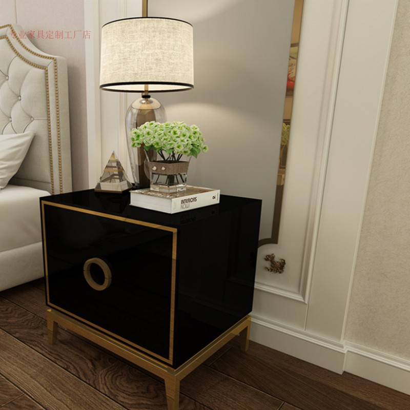 Postmodern light luxury bedside table Stainless steel paint double drawer storage cabinet Model house villa furniture can be customized