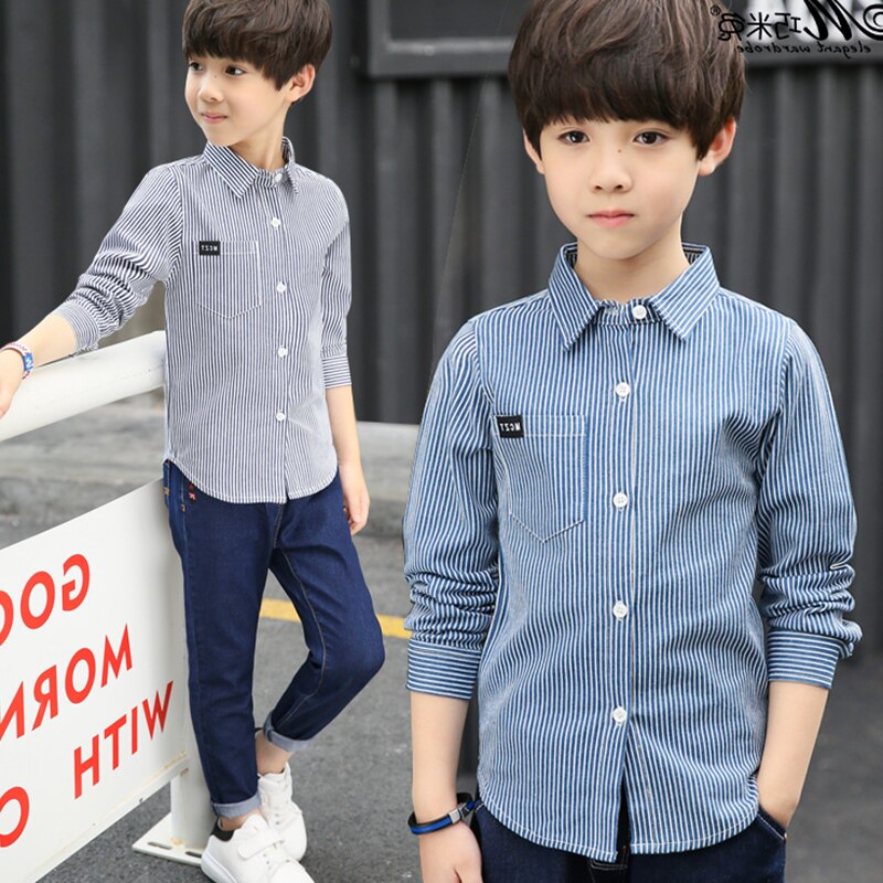 Children's shirts 2022 spring and autumn boys' shirts long-sleeved cotton plus velvet children's clothing Korean version of the big children's striped tops