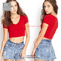 European and American style womens cotton plus size high waist umbilical short sleeve thin top retro short AA style tight V-neck T-shirt