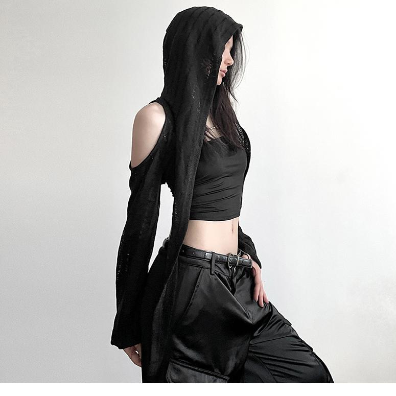 Black Spicy Girl Hollow-Out Wasteland Style Early Autumn 2024 New Design Niche Cardigan Jacket Women's Short-Sleeved Top