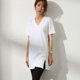 Short-sleeved T-shirt women's V-neck mid-length loose cotton slit irregular top right shoulder half-sleeved bottoming shirt white summer