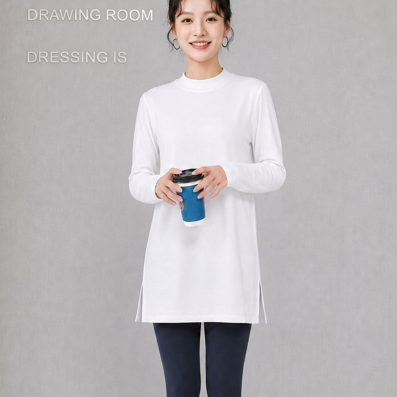 Women's Long-Sleeved T-Shirt with a Small Stand Collar, Mid-Length, White, Loose Fit, Hip-Covering, Slit, Brushed Base Shirt for Autumn and Winter Wear