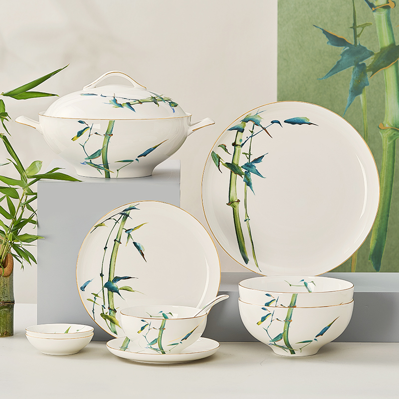 Huaguang National Porcelain Light Luxury Bone China Tableware Set Chinese Style Simple Household Gift Bowl and Plate Tableware Set Gift Box Green Bamboo