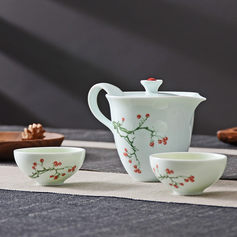 Huaguang Ceramics Hua Celadon Porcelain Leshan Red Bean Pot 3 Pieces Boutique Set Kung Fu Tea Set Gift Box