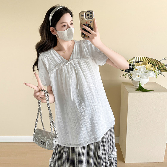 实拍 2025夏装新款法式短袖雪纺衬衫+裙子 孕妇套装女