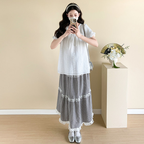 实拍 2025夏装新款法式短袖雪纺衬衫+裙子 孕妇套装女