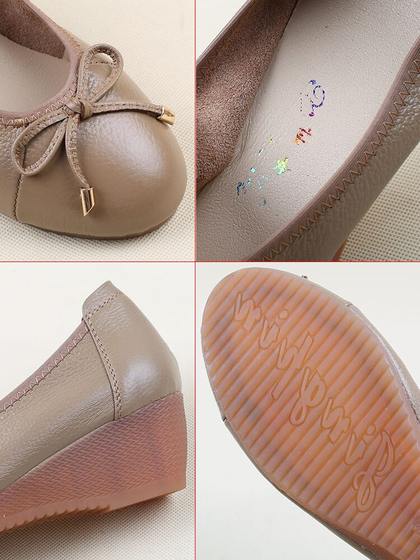 真皮牛皮浅口圆头单鞋女中跟坡跟简约工作鞋妈妈鞋一脚蹬休闲女鞋