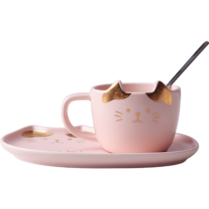 Golden cat lovers coffee cup small suit with a spoon, contracted ceramic north European key-2 luxury oatmeal for breakfast milk cup