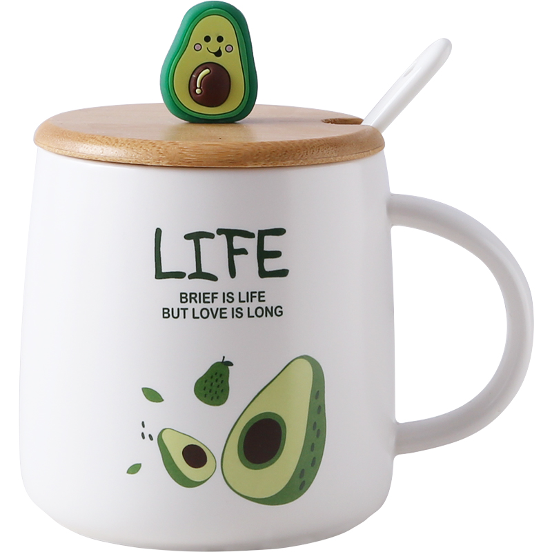 But Avocado green wooden cover mark cup with cover ceramic spoon cup Nordic creative web celebrity ins wind household milk cup