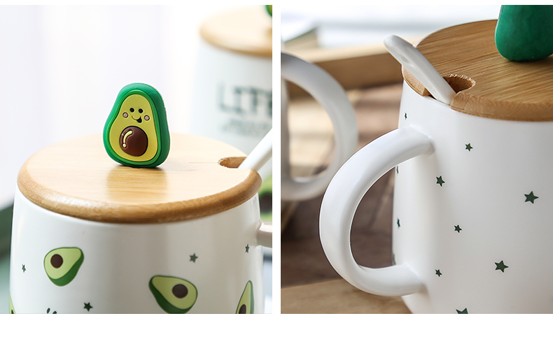 But Avocado green wooden cover mark cup with cover ceramic spoon cup Nordic creative web celebrity ins wind household milk cup