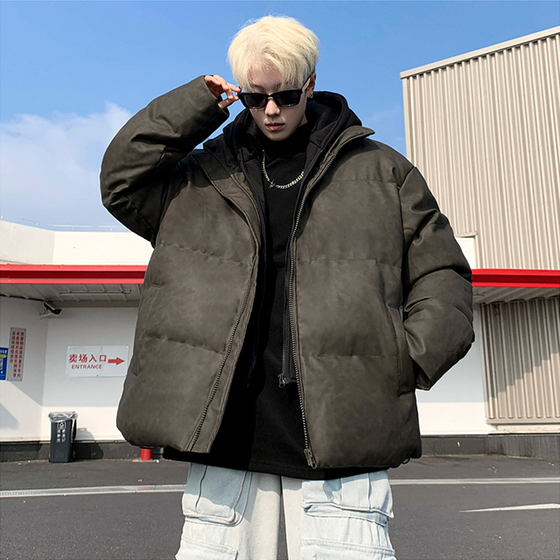 Vibe Stylish Gray Coffee Color Tie-Dye High Street Fashion Brand Retro Winter down Jacket Men's Faux Two-Piece Cold-Proof Pu Leather Cotton Coat