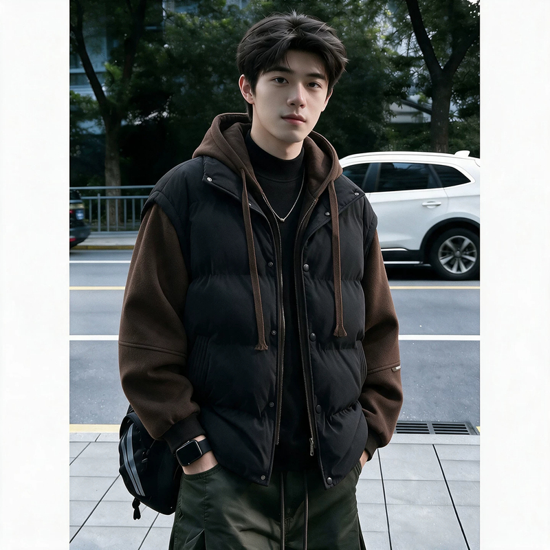 American-Style Faux Two-Piece Warm down Jacket for Men, Winter Hooded Vest, Cotton-Padded Thickened Couple's Coat, Trendy