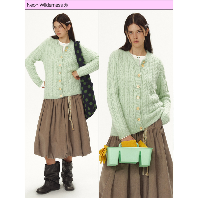 Neon Wilderness ® Mint Green Cable Knit Cardigan, Solid Color Knit Versatile Long-Sleeve Sweater Neon Wilderness ® Mint Green Cable Knit Cardigan, Solid Color Knit Versatile Long-Sleeve Sweater