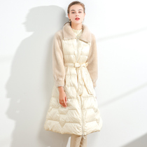 Slim down jacket womens long 2021 autumn and winter new knee skinny fur coat stitching cashmere coat