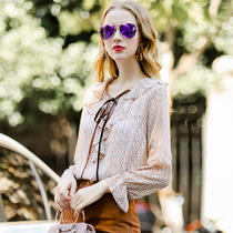 2021 new very fairy air flared sleeve small shirt bow ruffles long sleeve floral chiffon top female summer