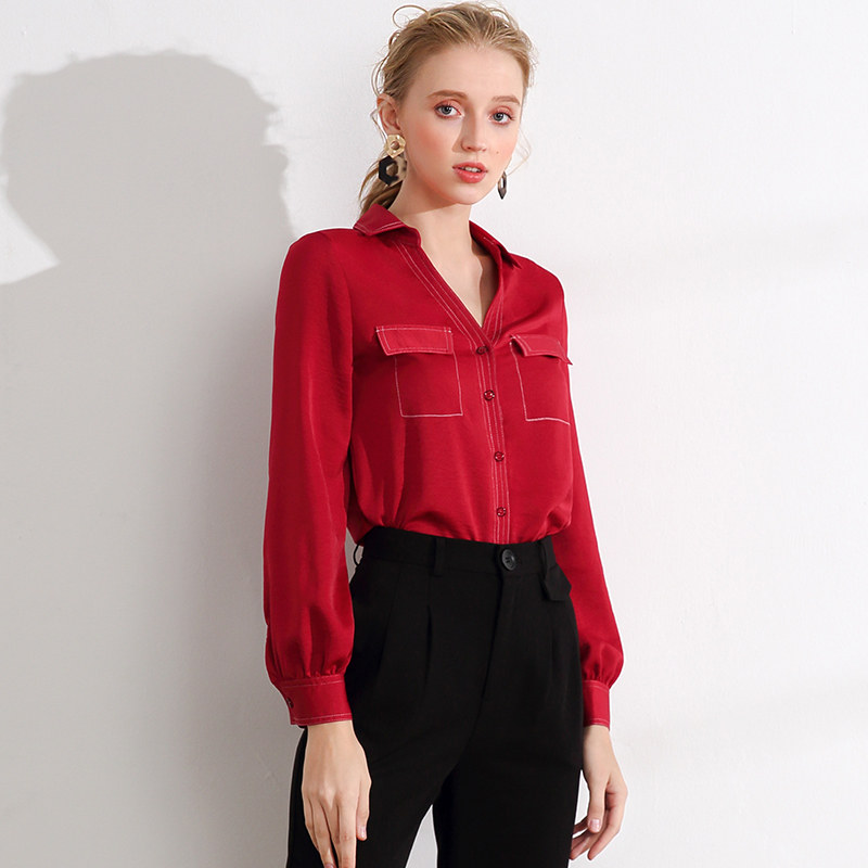 2021 autumn new temperament slim shirt women Joker long sleeve V-neck chiffon shirt retro lapel solid color shirt