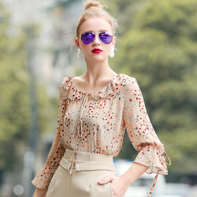 2021 autumn new foreign style small shirt floral chiffon shirt loose temperament sweet ruffle lace shirt top