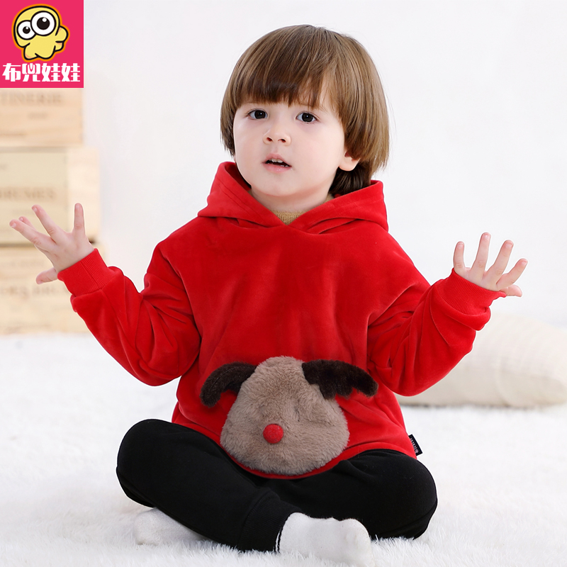 Boy sweatshirt red 2021 New Spring and Autumn Winter Children girls Korean version of thick sleeve hooded thin velvet coat