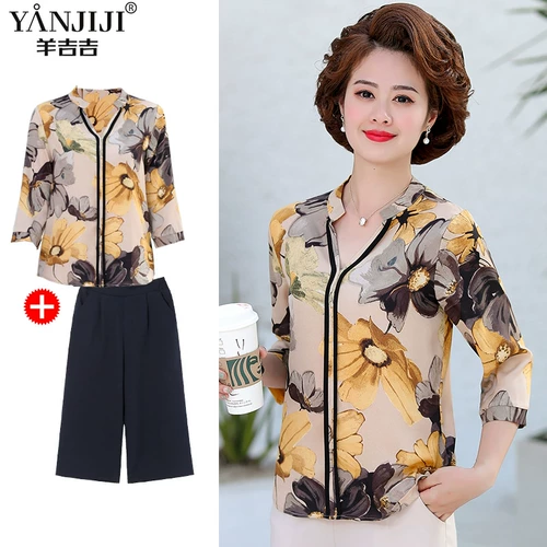 Рубашка для матери, шифоновый осенний комплект для пожилых людей, осенняя футболка, в западном стиле, для среднего возраста