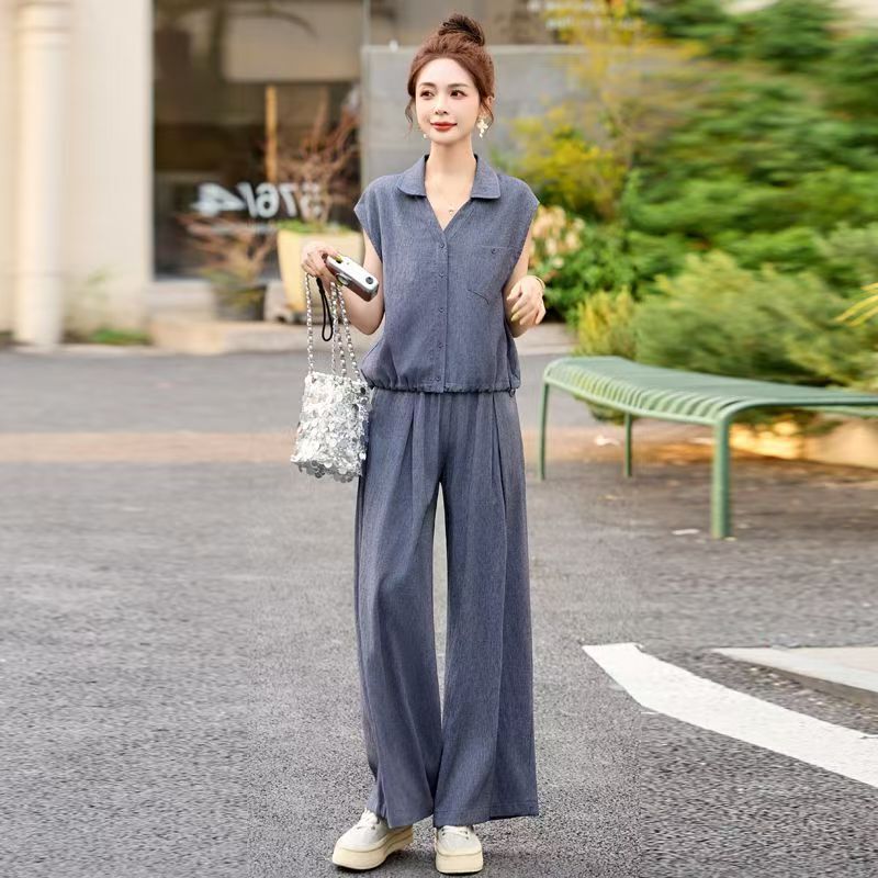 Hueq High-End Luxury Youthful Thin Casual Fashion Set for Women, New Summer Style Lazy Style Shirt and Wide-Leg Pants Two-Piece Set