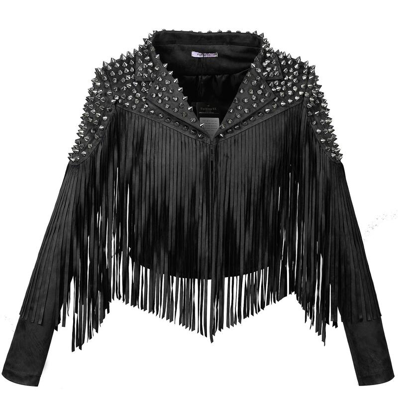 European and American Style Suede Jacket for Women, Fringed Short Jacket, Hand-Beaded Black Loose Short Stylish Biker Jacket for Women