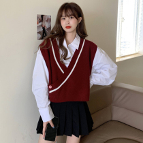 Contrast color v collar loose sweater vest coat female 2021 Spring and Autumn new student knit shirt top
