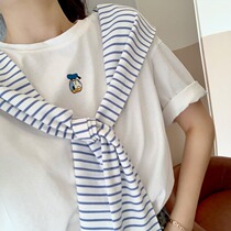 2021 summer new short sleeve T-shirt female loose Korean navy collar striped Academy style wear cotton coat tide