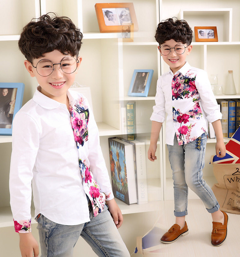 Korean version boy spring shirt 2018 spring new children's clothing children's fashion floral shirt baby solid color top