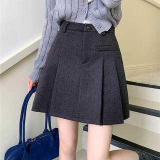 大码灰色波点加厚毛呢百褶裙高腰秋冬半身裙防走光a字裙显瘦短裙