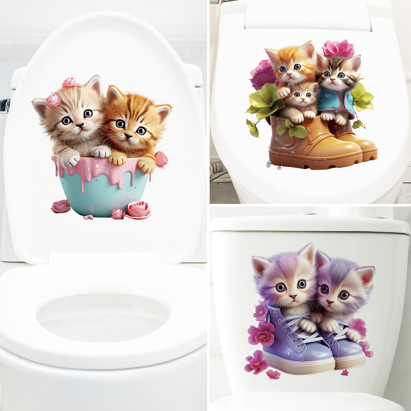 Cartoon Cute Kitty toilet sticker waterproof self-adhesive cover tank Decorative Tile Wall Sticker Painting Dorm Room Toilet-Taobao