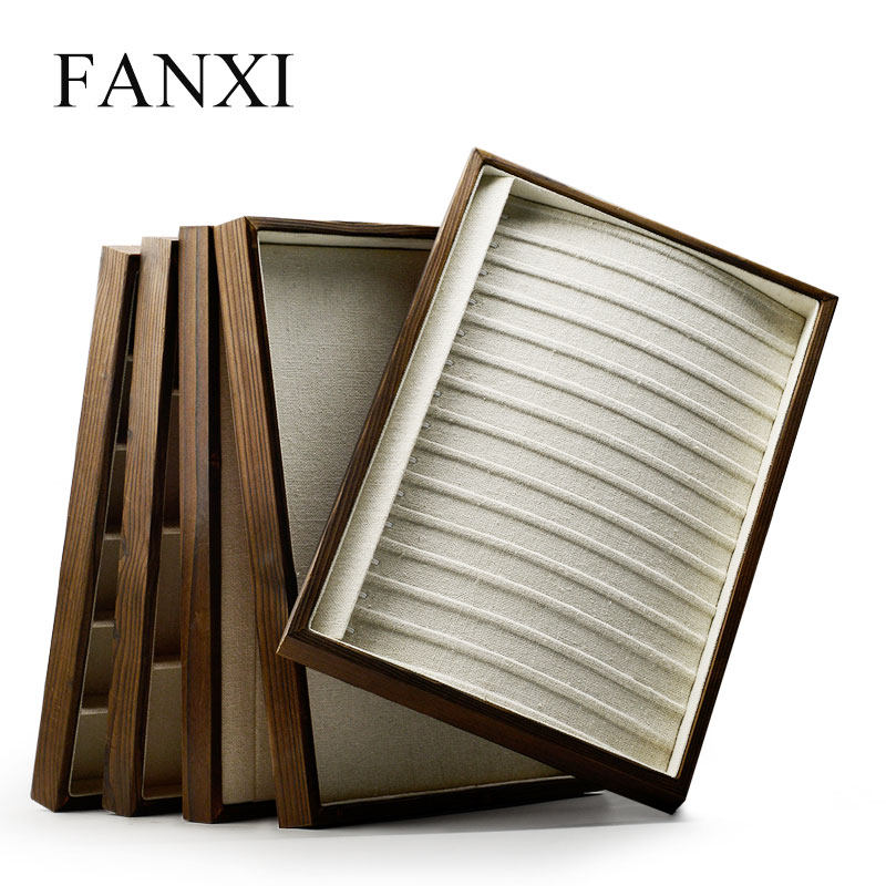 FANXI linen wood jewelry plate Vintage baked wood design Silver ring necklace rack jewelry display