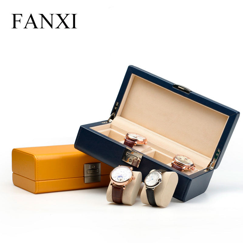 FANXI WATCH CONTAINING BOX PU LEATHER FOUR HANDS WATCH CARTRIDGES LOCK PORTABLE WATCHES BOX TREASURE BLUE X014