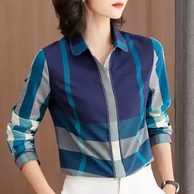 Blue plaid shirt women long sleeve autumn foreign style European goods design sense niche cotton shirt women top base shirt