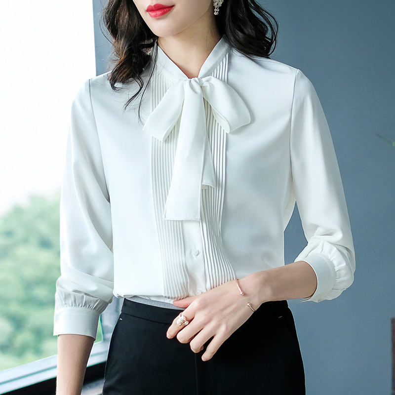 Bow streamer shirt women's long-sleeved 2021 new white lace-up dress work suit women's chiffon white shirt