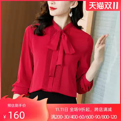 Red bow professional shirt women's long sleeve Autumn New chiffon top temperament has a hanging streamer white shirt