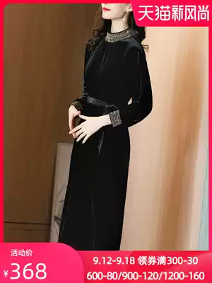 Black velvet dress women long sleeves spring and winter new high-end fashion temperament golden velvet skirt Noble foreign pie
