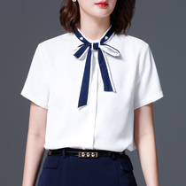 Phoenix color 2021 summer new bow shirt womens short sleeve professional shirt womens white overcoat