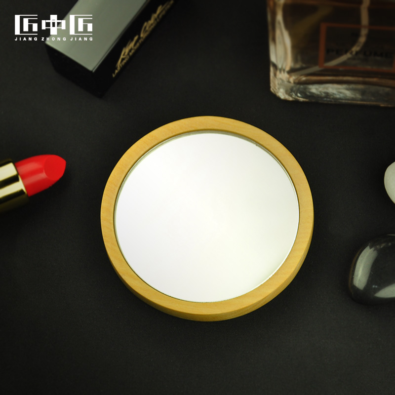 Small mirror Natural sandalwood solid wood minimal makeup mirror portable one-sided small round mirror can be engraved