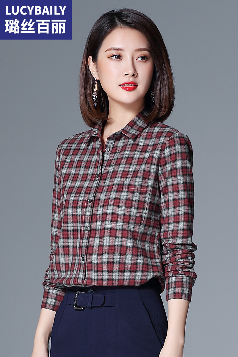 純棉格子襯衫女長袖時尚法蘭絨上衣磨毛打底襯衣
