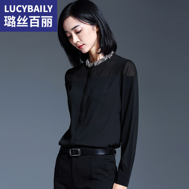 Black long-sleeved shirt women's spring and autumn tops 2024 new style fashionable see-through shirt temperament professional chiffon shirt