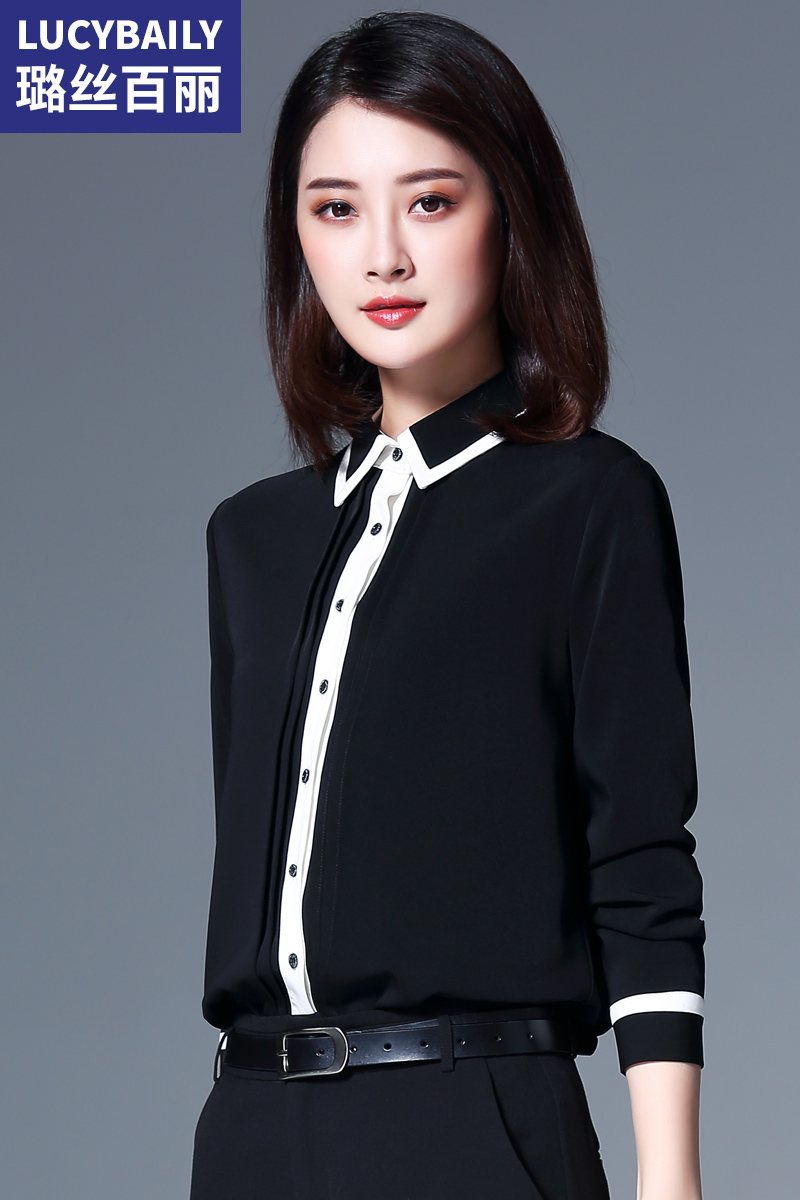 璐絲百麗黑色方領雪紡襯衫女長袖裝新款襯衣氣質(zhì)職業(yè)裝上衣