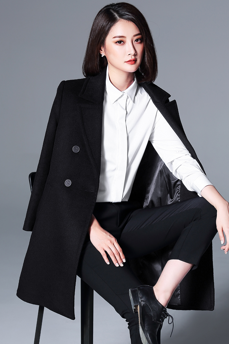 璐絲百麗黑色毛呢外套女中長款新款職業(yè)裝雙排扣呢子大衣