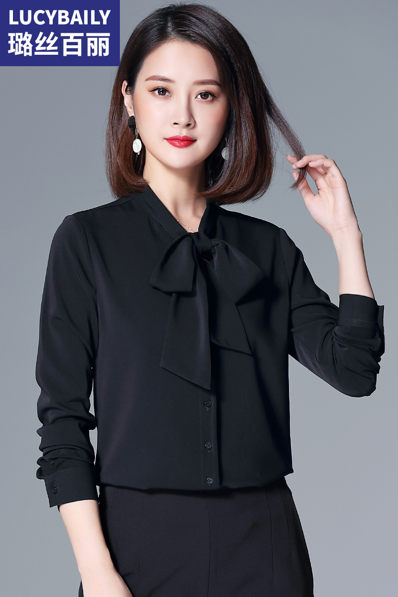 黑色蝴蝶結(jié)襯衫女長(zhǎng)袖時(shí)尚打底襯衣新款職業(yè)上衣