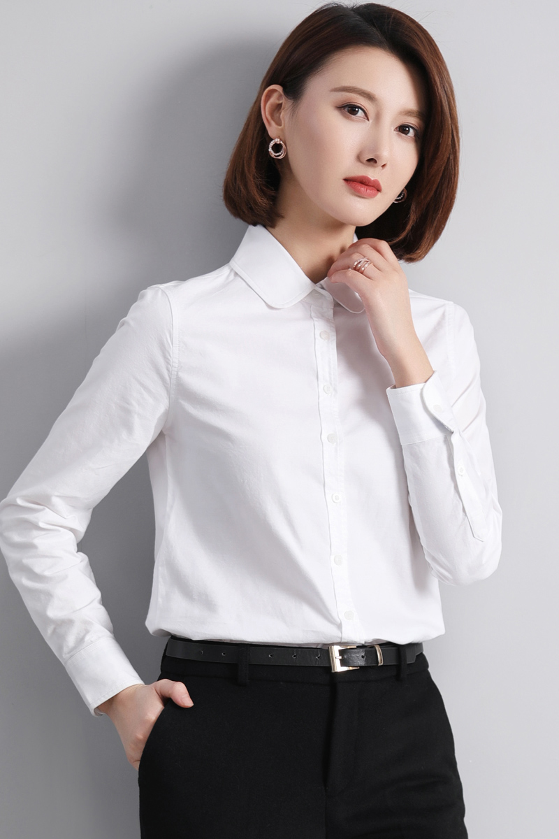 璐絲百麗白色襯衫女長袖時(shí)尚氣質(zhì)職業(yè)裝工作服娃娃領(lǐng)上衣純棉襯衣