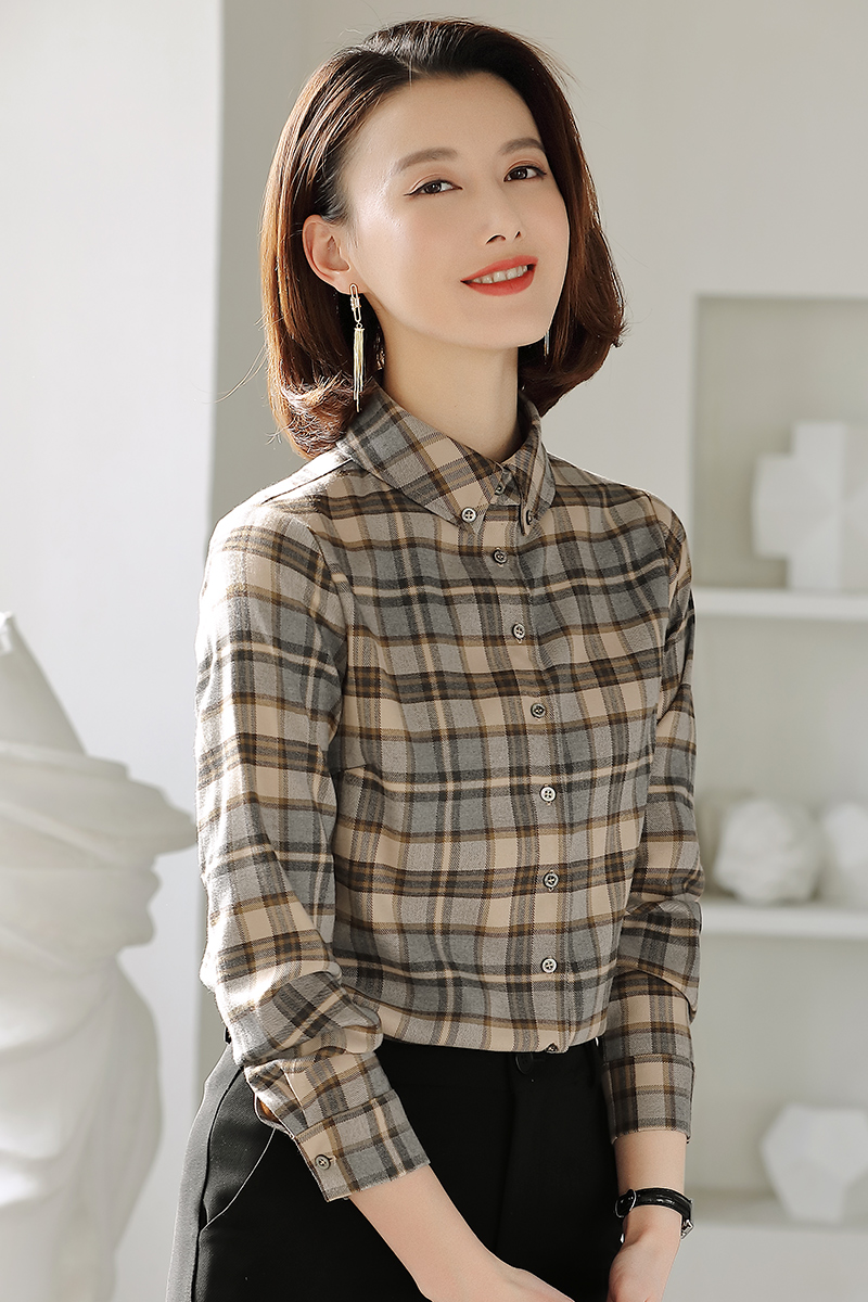復(fù)古格子襯衫女長袖英倫風(fēng)寬松流行裝新款灰色格紋襯衣職業(yè)上衣