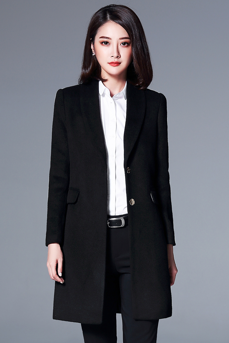 璐絲百麗黑色羊毛呢大衣女中長款新款時尚款職業(yè)呢子外套