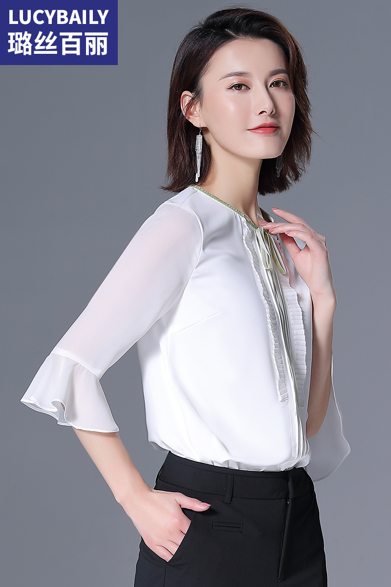 白襯衫女很仙的上衣洋氣短袖雪紡衫超仙半袖喇叭袖蝴蝶結(jié)系帶襯衣
